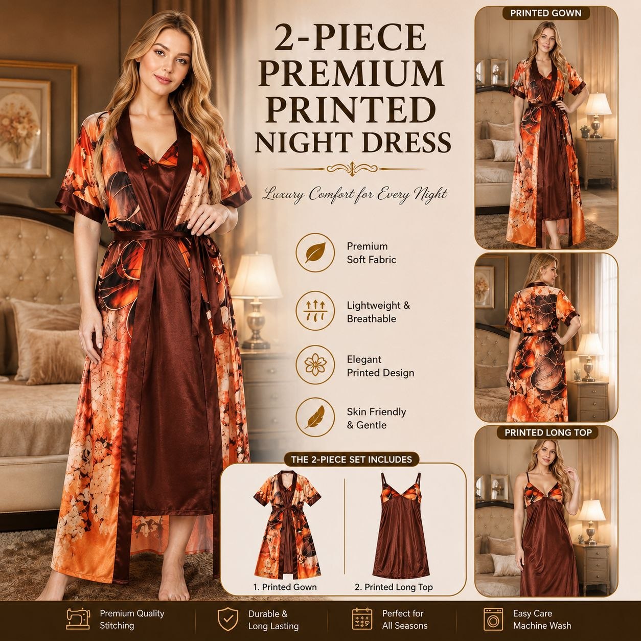 Printed Nighty- Brown Orange