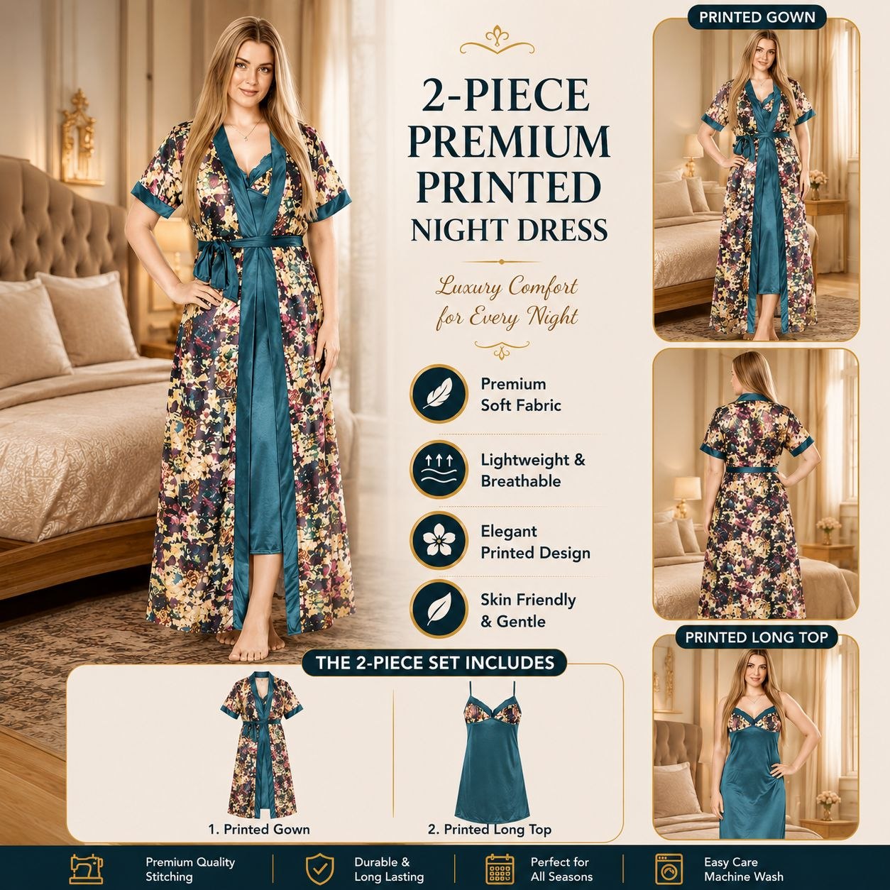 Printed Nighty- Sea green