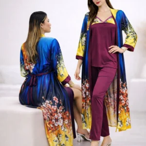 💜 Premium Purple Digital Print 3-Piece Full Sleeve Nighty Set Elegant, Comfortable & Stylish Women’s Sleepwear