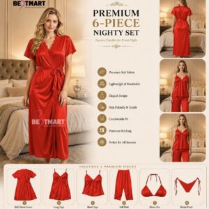 6 Part Premium Nightwear - Tomato Red