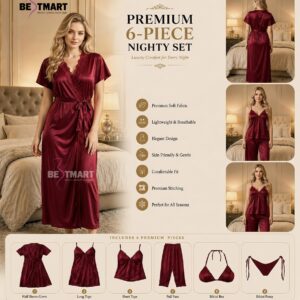 6 Part Premium Nightwear – Merun Red